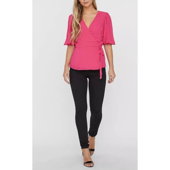 Vero Moda V-Neck True Wrap Blouse Top in Hot Pink Size Small Career - Picture 14 of 14